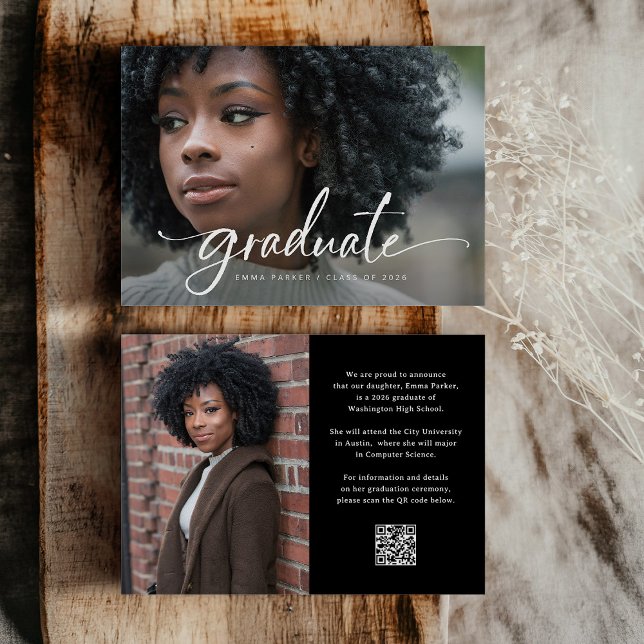 Elegant Script and Black Photo QR Code Grad Party Einladung (Von Creator hochgeladen)