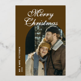 Elegant Script Arch Newlyweds Photo Brown Silver Folien Feiertagskarte