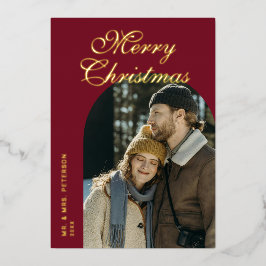 Elegant Script Arch Newlyweds Photo Red Gold Folien Feiertagskarte