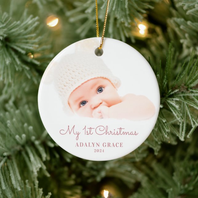 Elegant Script Baby's First Christmas Foto Cerami Keramik Ornament (Baum)