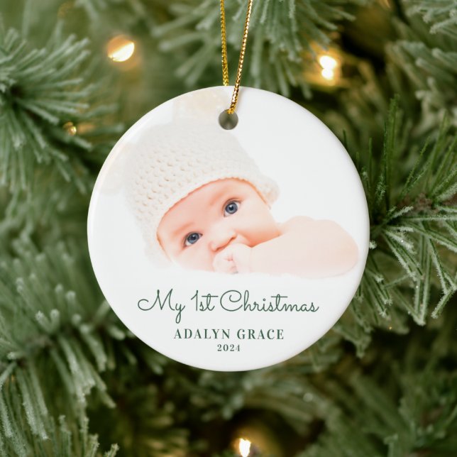 Elegant Script Baby's First Christmas Foto Cerami Keramik Ornament (Baum)
