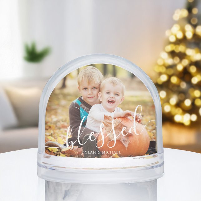 Elegant Script "Blessed" Photo Snow Globe Schneekugeln (Von Creator hochgeladen)