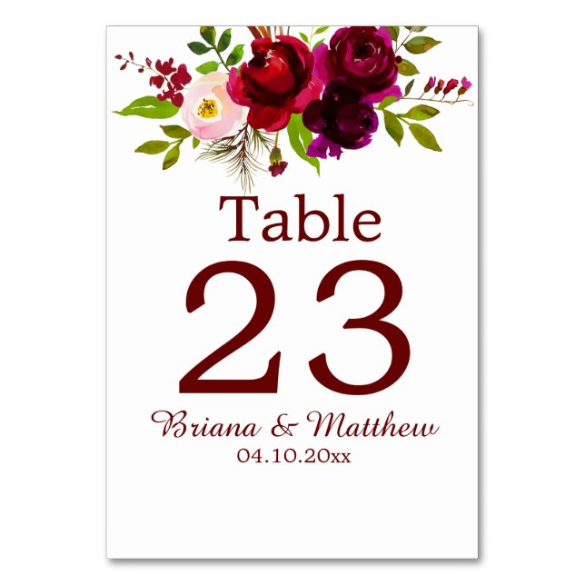 Elegant Script Burgundy Floral Tischnummer (Vorderseite)