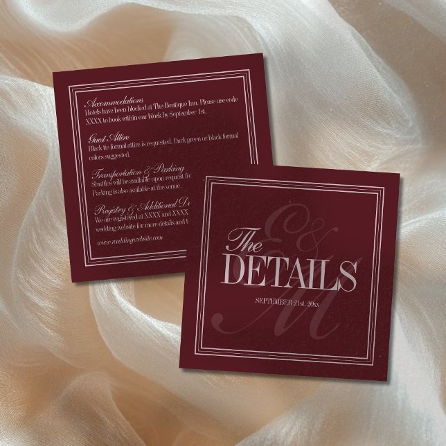 Elegant Script Burgundy Red Formal Wedding Details Begleitkarte (Announce your upcoming wedding to guests with this Elegant Script Burgundy Red Formal Wedding Card!)