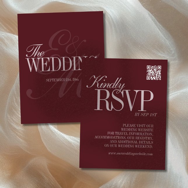 Elegant Script Burgundy Red QR Code Formal Wedding RSVP Karte (Announce your upcoming wedding to guests with this Elegant Script Burgundy Red Formal Wedding RSVP!)