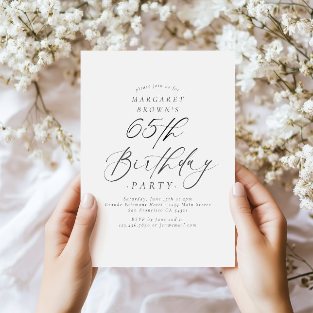 Elegant Script Calligraphy 65th Birthday Party Einladung (Von Creator hochgeladen)