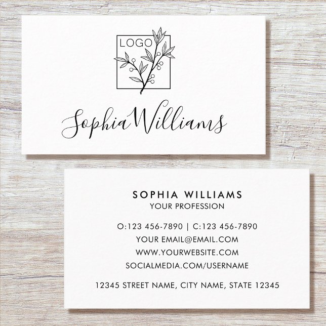 Elegant Script Custom Logo Modern White Visitenkarte (Von Creator hochgeladen)