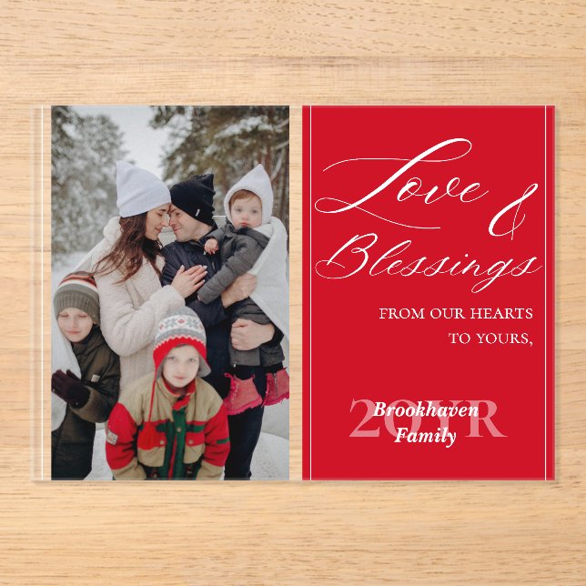 Elegant Script Custom Photo Name Red Holiday Card Acryleinladungen (Vorderseite)