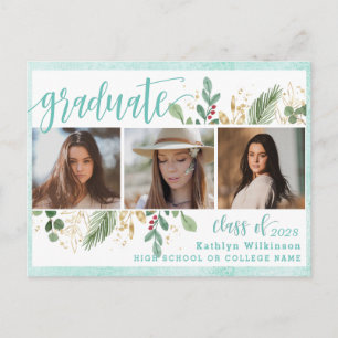 Elegant Script Eucalyptus Greenery 3 Foto Grad Einladungspostkarte