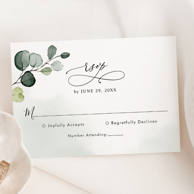 Elegant Script Eucalyptus Greenery Wedding RSVP Karte (Von Creator hochgeladen)