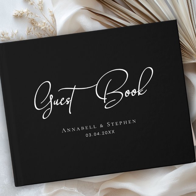 Elegant Script Font Black Wedding  Gästebuch (Elegant Script Font Black & White Wedding Guest Book)