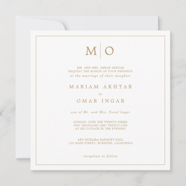 Elegant Script Gold Monogram Einladung (Vorderseite)