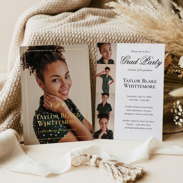 Elegant Script Grad Photo Collage Graduation Party Folieneinladung (Elegant Script Grad Photo Collage Graduation Party Foil Invitation)