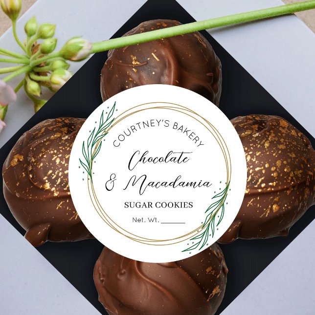 Elegant Script Greenery Wreath Sugar Cookies Food Runder Aufkleber (Bakery Labels Featuring Faux Gold Wreath with Greenery, stylish fonts and white background)