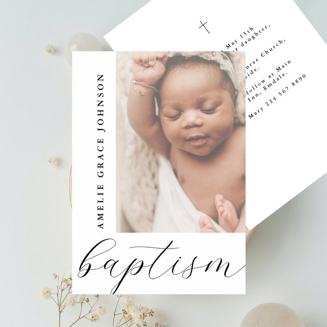 Elegant Script Hazy Baby Photo Religious Baptism Einladung (Von Creator hochgeladen)