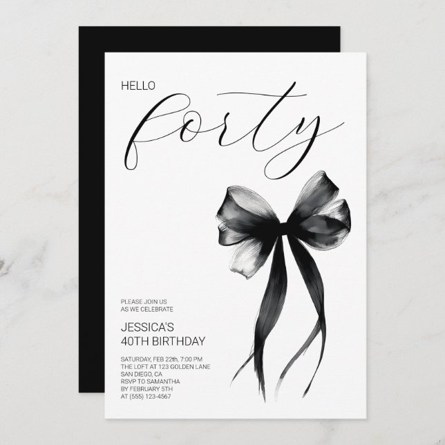 Elegant Script Hello Forty Bow 40th Birthday Party Einladung (Vorne/Hinten)