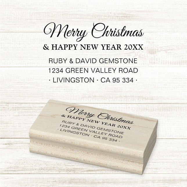 Elegant Script Holiday Return Address  Gummistempel (Modern and elegant classic script Merry Christmas & Happy New Year return address rubber stamp.)