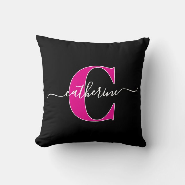 Elegant Script Minimalist Black Pink Monogram Name Kissen (Vorderseite)