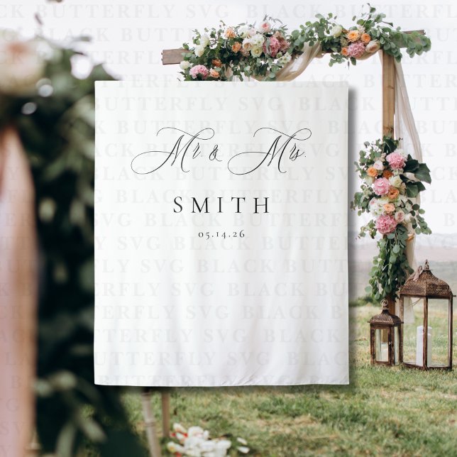 Elegant Script Minimalist Wedding Photo Backdrop  Wandteppich (Mr. & Mrs. Wedding Photo Backdrop Banner )