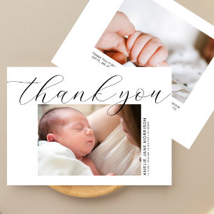 Elegant Script Modern 2 Baby-Fotos Geburt Dankeskarte