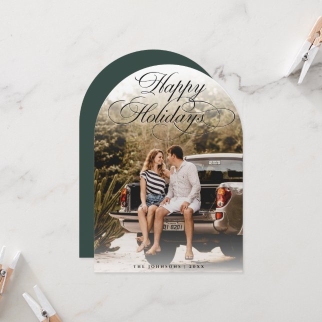 Elegant Script Modern Arch 1 Photo Christmas Card Einladung (Vorderseite/Rückseite Beispiel)