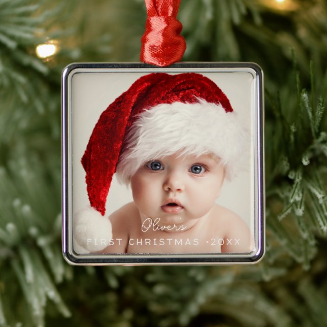 Elegant Script My 1st Christmas Baby's Photo Ornament Aus Metall (Baum)
