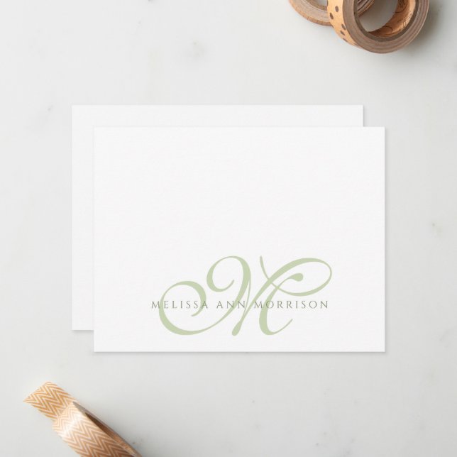 Elegant Script Name Green Monogram Flat Note Card Mitteilungskarte (Vorderseite/Rückseite Beispiel)