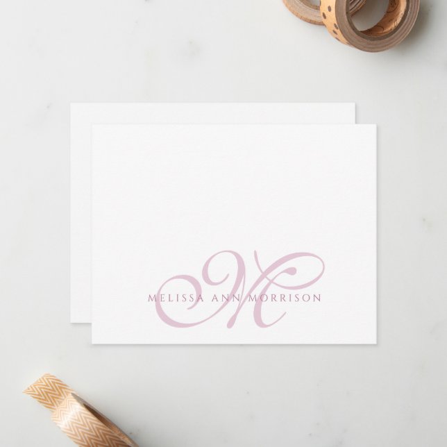 Elegant Script Name Pink Monogram Flat Note Card Mitteilungskarte (Vorderseite/Rückseite Beispiel)
