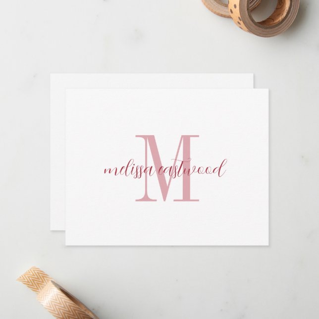 Elegant Script Name Rose Monogram Flat Note Card Mitteilungskarte (Vorderseite/Rückseite Beispiel)