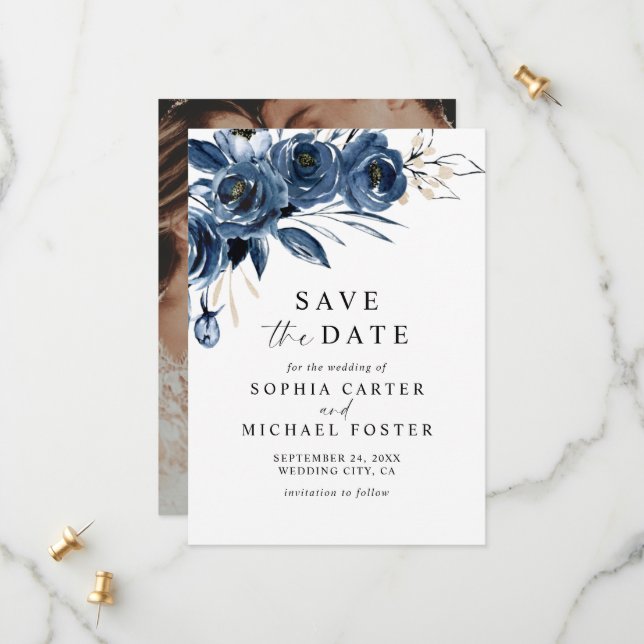 Elegant Script Navy Blue Floral Photo Wedding Save The Date (Vorderseite/Rückseite Beispiel)