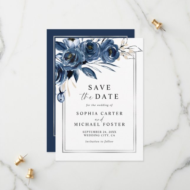 Elegant Script Navy Blue Floral Photo Wedding Save The Date (Vorderseite/Rückseite Beispiel)