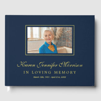 Elegant Script Navy Blue Photo In Loving Memory Gästebuch