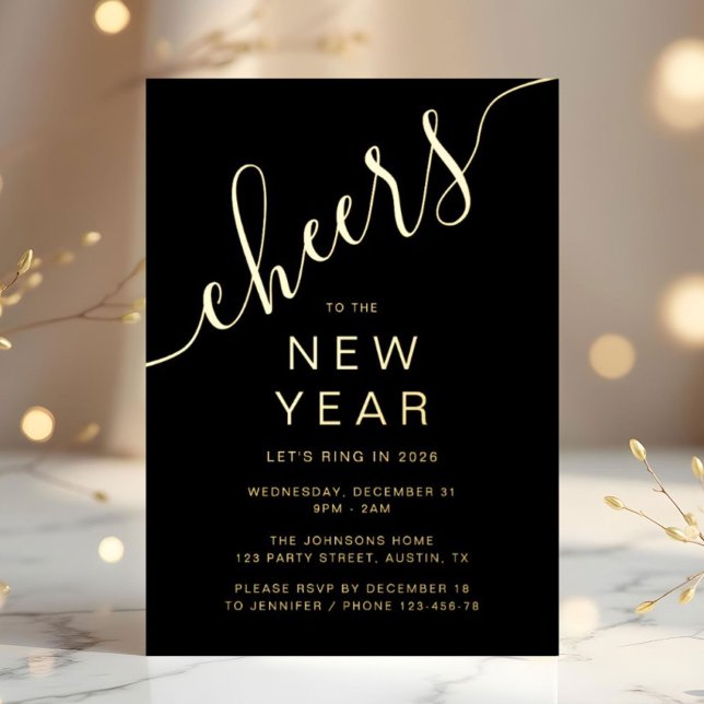 Elegant Script New Year Party Gold Folieneinladung (Elegant Script New Year Party Gold Foil Invitation)