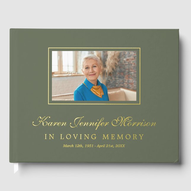 Elegant Script Olive Green Photo In Loving Memory Gästebuch (Vorderseite)