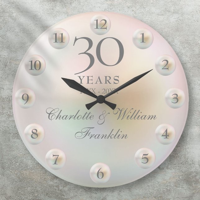 Elegant Script Pearl 30th Wedding Anniversary Große Wanduhr (Elegant Script Pearl 30th Wedding Anniversary Large Clock)