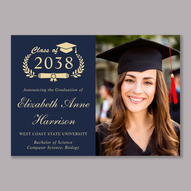 Elegant Script Photo Blue Gold College Graduation Ankündigung (Elegant Script Photo Blue Gold College Graduation Announcement)