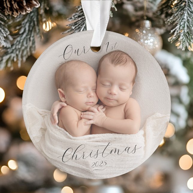 Elegant Script Photo Twin Babies First Christmas Ornament (Elegant Script Photo Twin Babies First Christmas Ornament
)