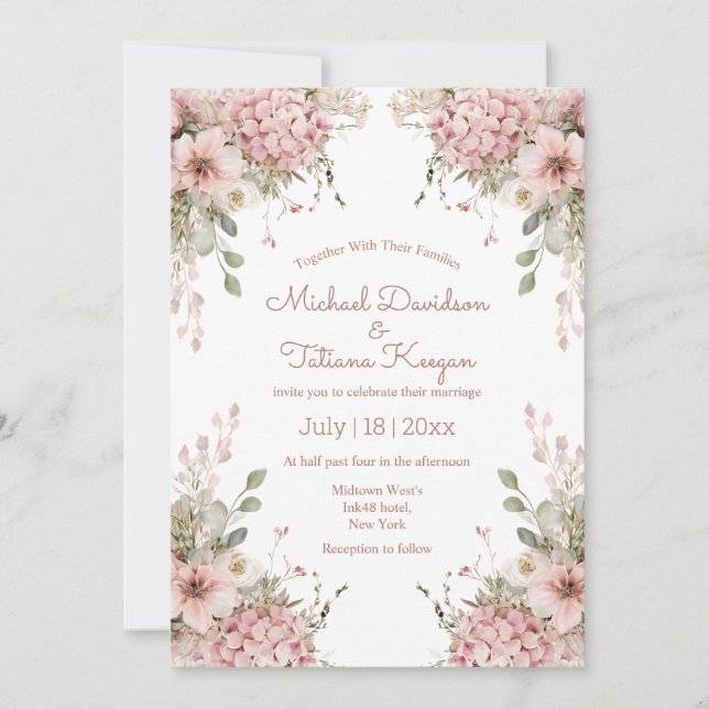 elegant script pink floral garden modern wedding einladung (Vorderseite)