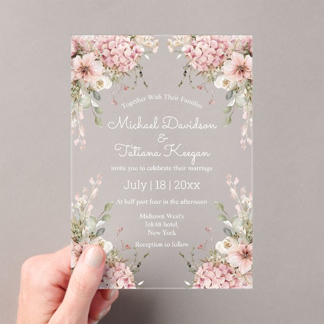 elegant script pink floral minimal wedding acryleinladungen (Insitu (Handheld))