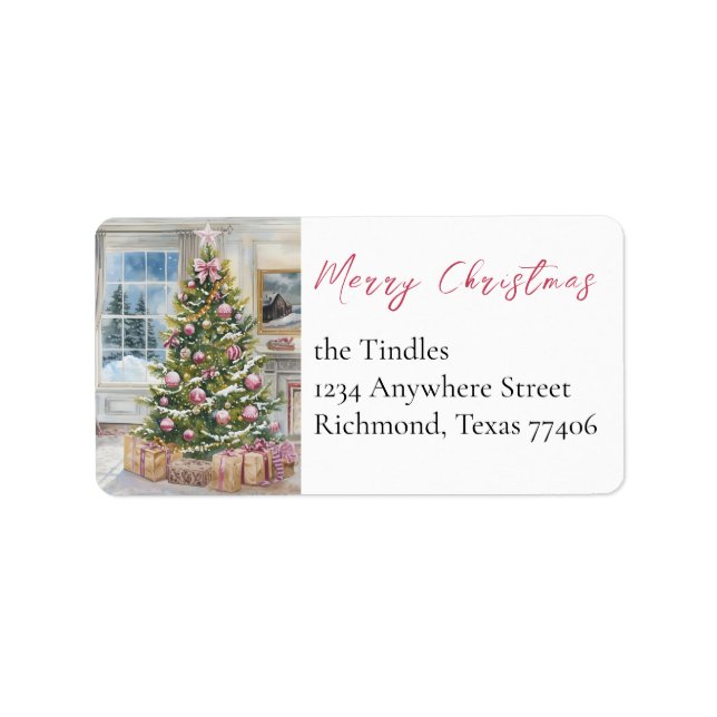Elegant Script Pink Tree Non Photo Christmas Adressaufkleber (Vorne)