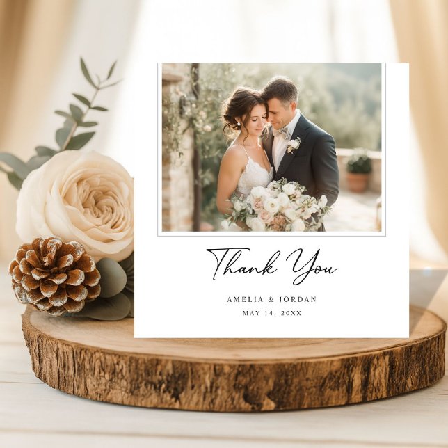Elegant Script Romantic Rustic Boho Wedding Photo Dankeskarte (Von Creator hochgeladen)