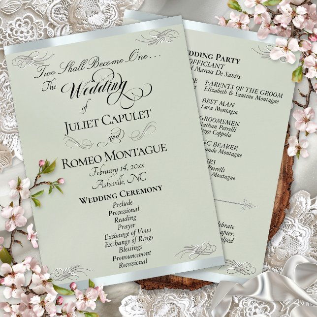 Elegant Script - Salbei Pearl/Silber Hochzeit Programm (Von Creator hochgeladen)