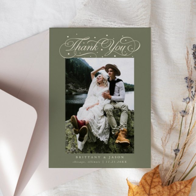 Elegant Script Typography Dots Wedding Sage Green Dankeskarte (Von Creator hochgeladen)