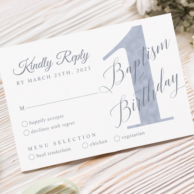 Elegant Script Violet Baby's 1st Birthday Baptism RSVP Karte (Elegant Script Violet Baby's 1st Birthday Baptism RSVP Card)