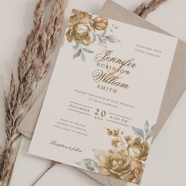 Elegant Script Wedding Gold Floral  Einladung (Elegant Script Wedding Gold Floral Invitation)