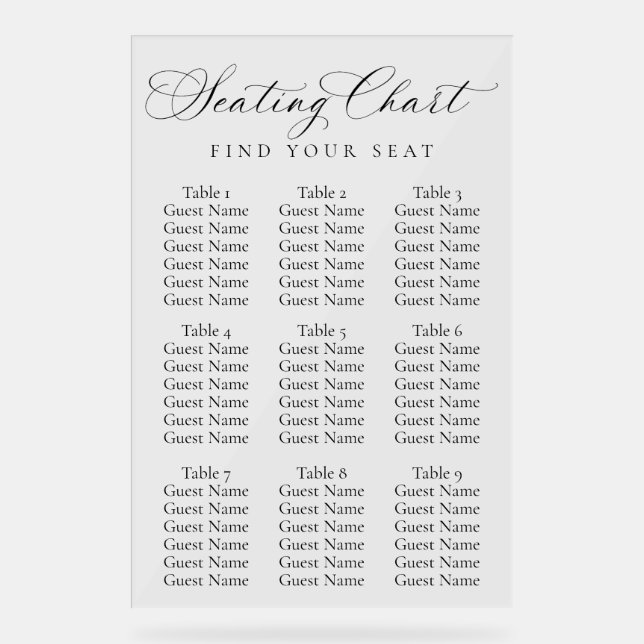 Elegant Script Wedding Seating Chart | Minimalist  Acrylschild (Vorderseite)