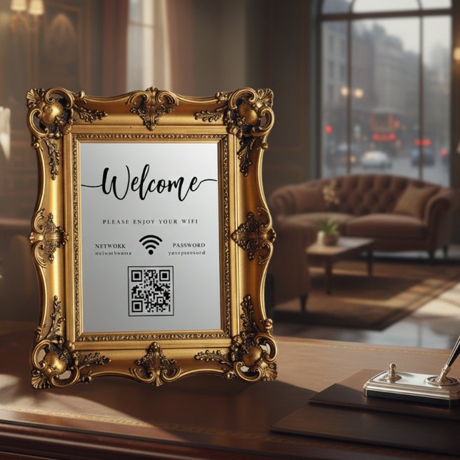 Elegant Script Welcome WIFI Scannable QR Code Fensteraufkleber (Elegant Script Welcome WIFI Scannable QR Code Window Cling)