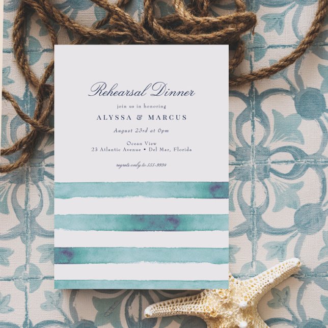 Elegant Sea Aqua Stripes Nautical Rehearsal Dinner Einladung (Von Creator hochgeladen)