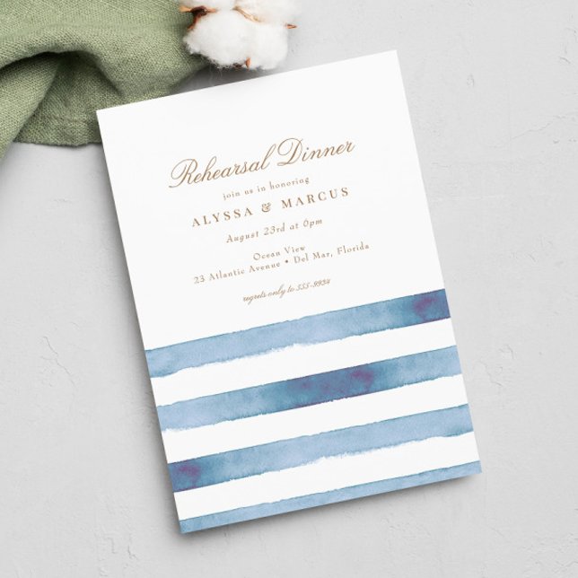 Elegant Sea Blue Stripes Nautical Rehearsal Dinner Einladung (Von Creator hochgeladen)