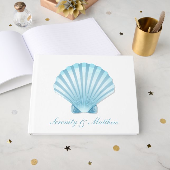 Elegant Seashell Blue Nautical Beach Wedding Gästebuch (Vorderseite Offen)